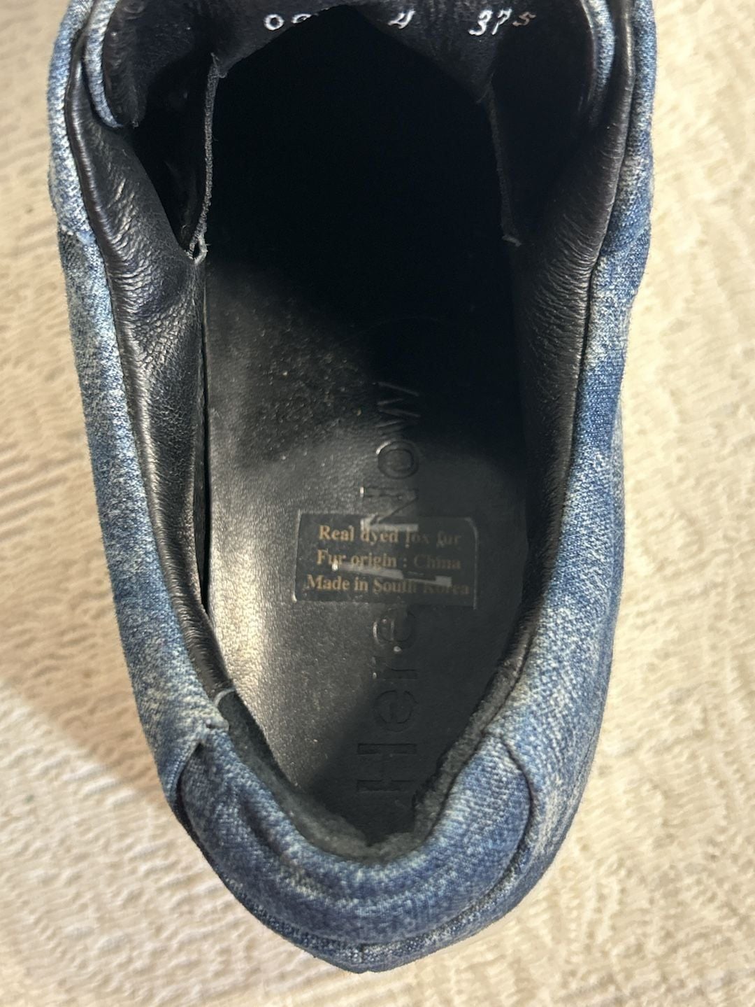 Here / Now Fur Pom Pom Sneakers Size 37.5 Blue Denim Leather Slip On Shoes 5