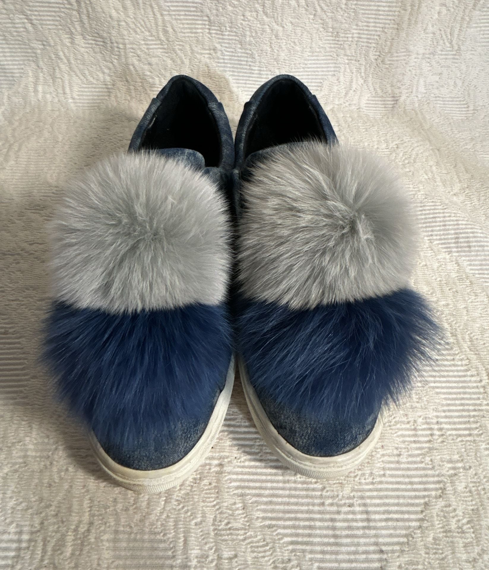 Here / Now Fur Pom Pom Sneakers Size 37.5 Blue Denim Leather Slip On Shoes 7