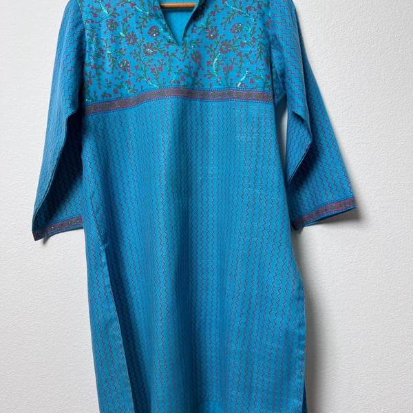 Turquoise Indian Kurta Tunic Dress Embroidered Sequin Boho Festival 3/4 Sleeve