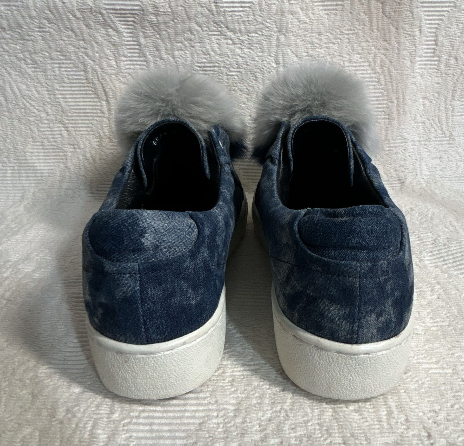 Here / Now Fur Pom Pom Sneakers Size 37.5 Blue Denim Leather Slip On Shoes 8