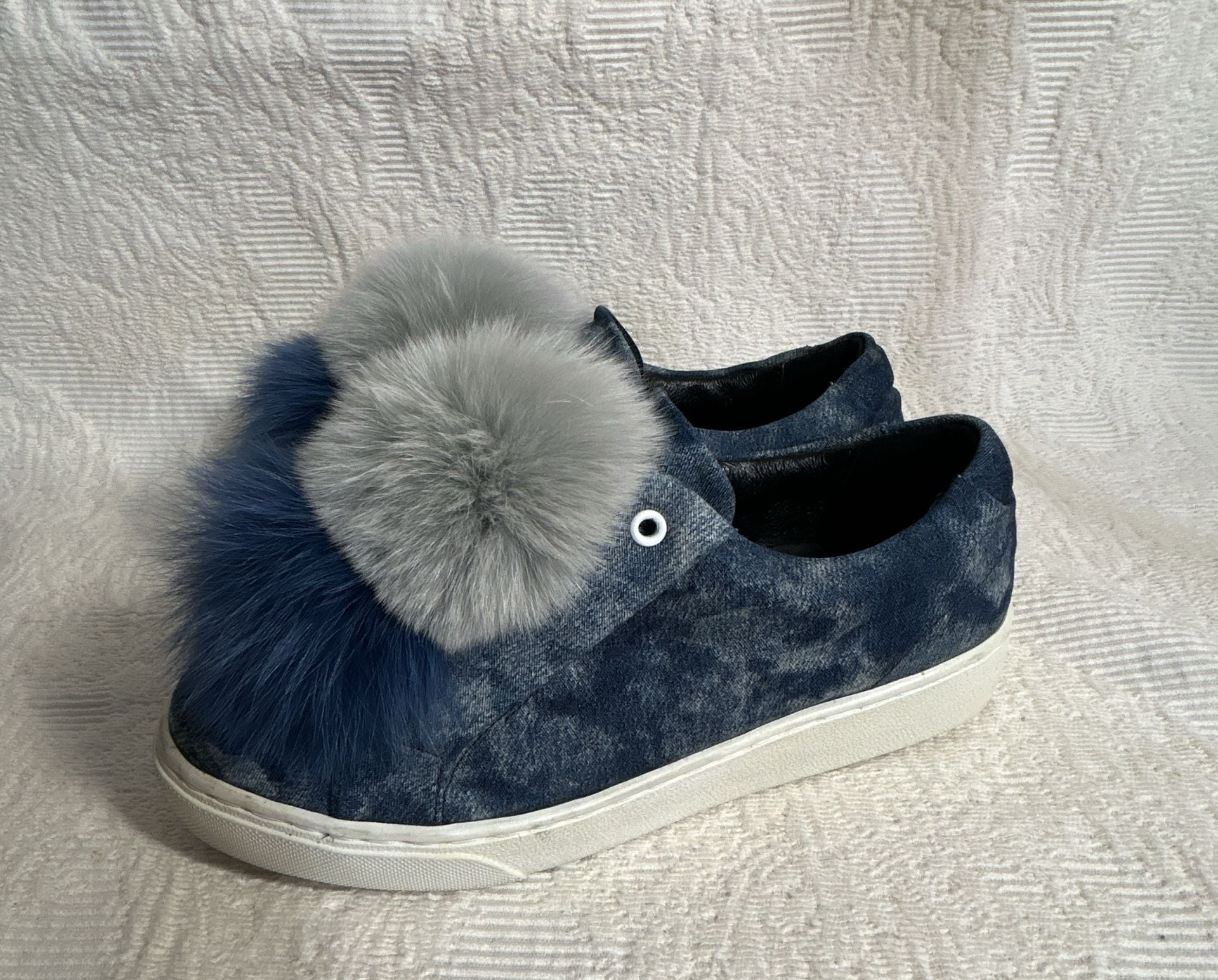Here / Now Fur Pom Pom Sneakers Size 37.5 Blue Denim Leather Slip On Shoes 2