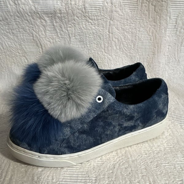 Here / Now Fur Pom Pom Sneakers Size 37.5 Blue Denim Leather Slip On Shoes