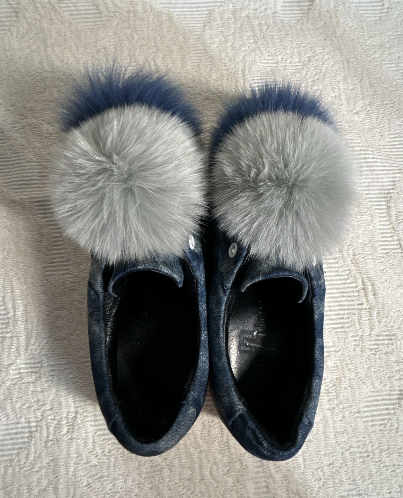Here / Now Fur Pom Pom Sneakers Size 37.5 Blue Denim Leather Slip On Shoes 9