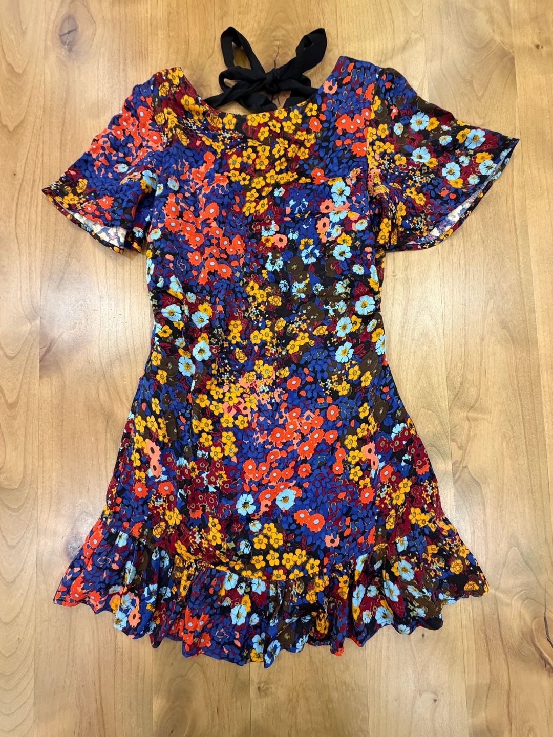 Anthropologie Ruffled Satin Floral Mini Dress Size 0 P 2
