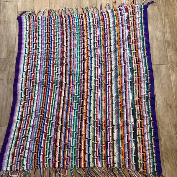 Handmade Crocheted Throw Blanket Size 51x60 Multicolor Fringe Boho