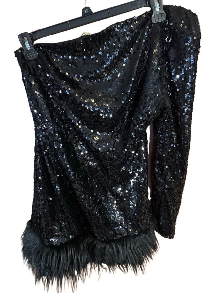 Xunryan One Shoulder Feather Sequin Dress Size XL Black Long Sleeve Mini 2