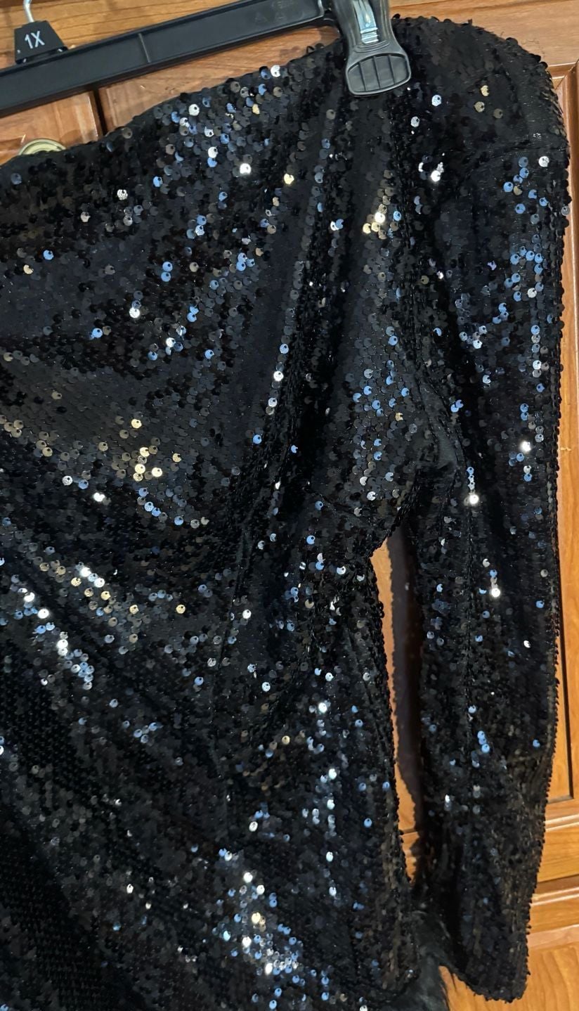Xunryan One Shoulder Feather Sequin Dress Size XL Black Long Sleeve Mini 4