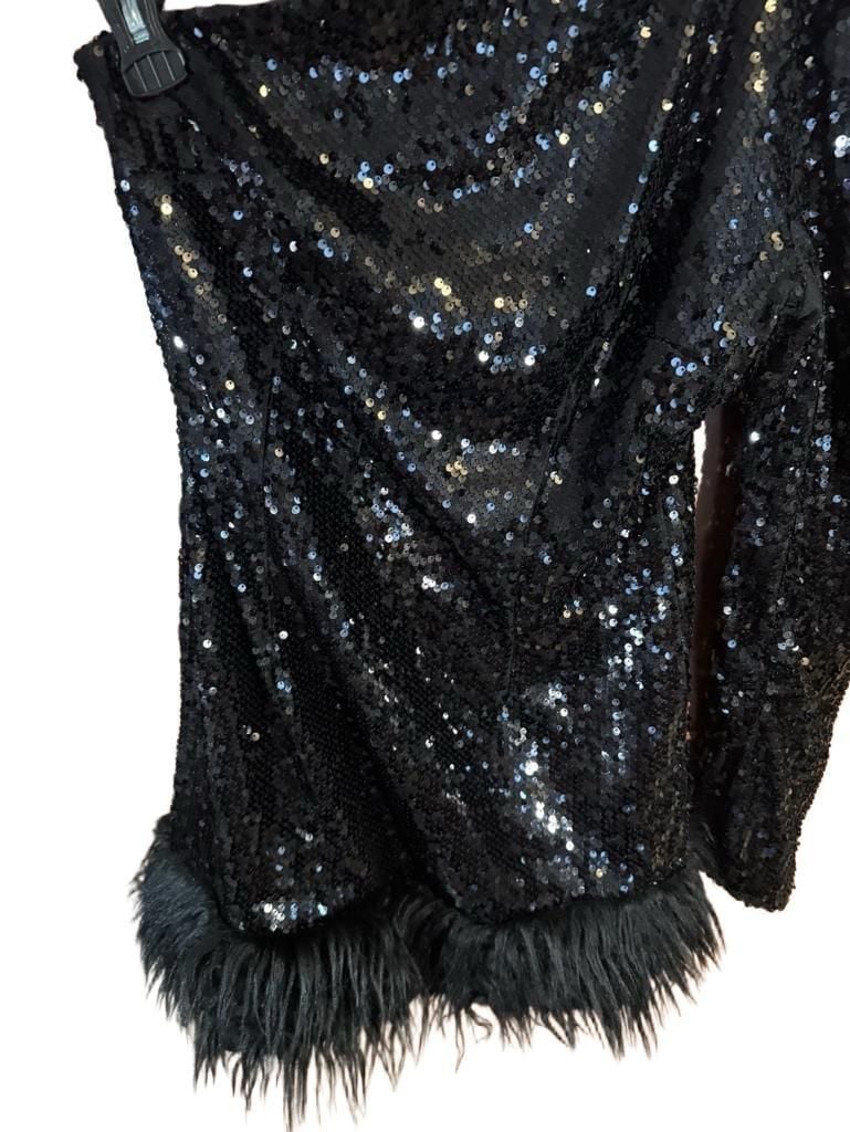 Xunryan One Shoulder Feather Sequin Dress Size XL Black Long Sleeve Mini 5