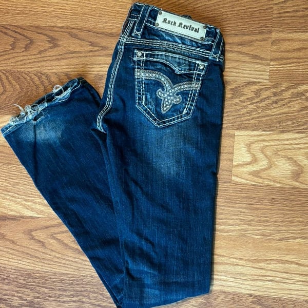 Rock Revival Vivian Bootcut Jeans Size 26 Blue Distressed Rhinestone