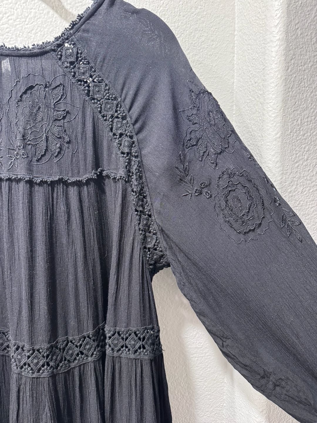 Free People Black Embroidered Long Sleeve Mini Dress 4