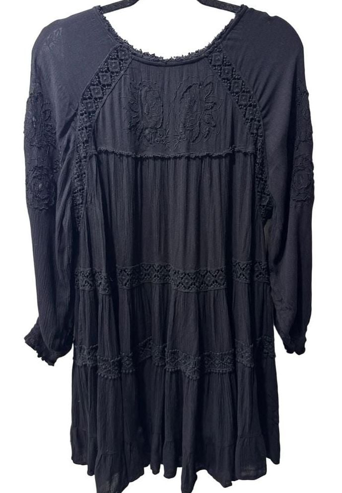 Free People Black Embroidered Long Sleeve Mini Dress 2