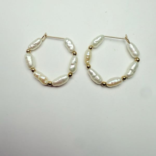 BEAUTIFUL 14k Yellow Gold Seed Pearl Gold Bead Hoop Earrings - ,