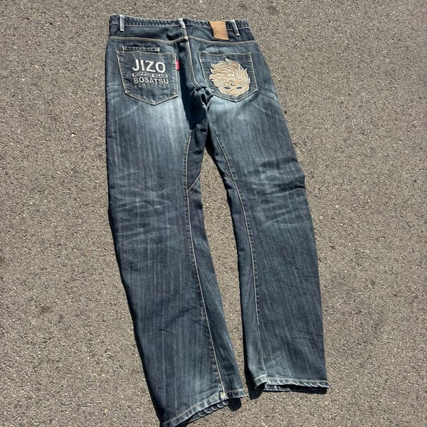Nippon Blue Jizo Bosatsu Japanese Denim Jeans Embroidered Y2K Dark Wash Denim
