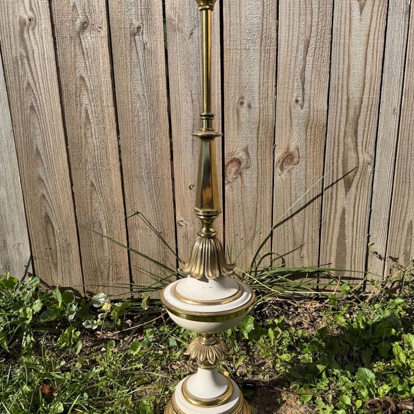 Stiffel Vintage Brass and Cream Enamel Hollywood Regency Torchiere Lamp
