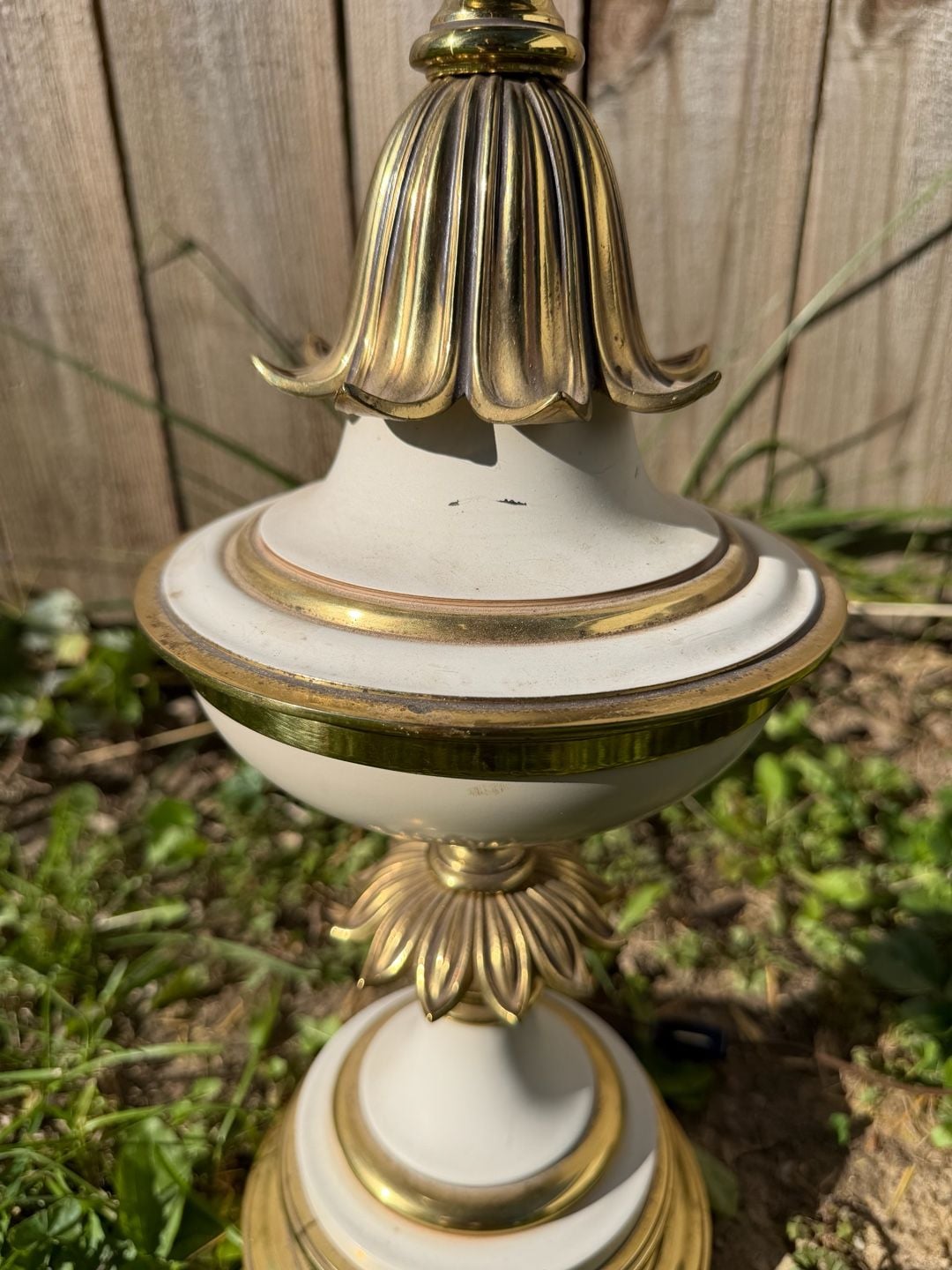 Stiffel Vintage Brass and Cream Enamel Hollywood Regency Torchiere Lamp 4