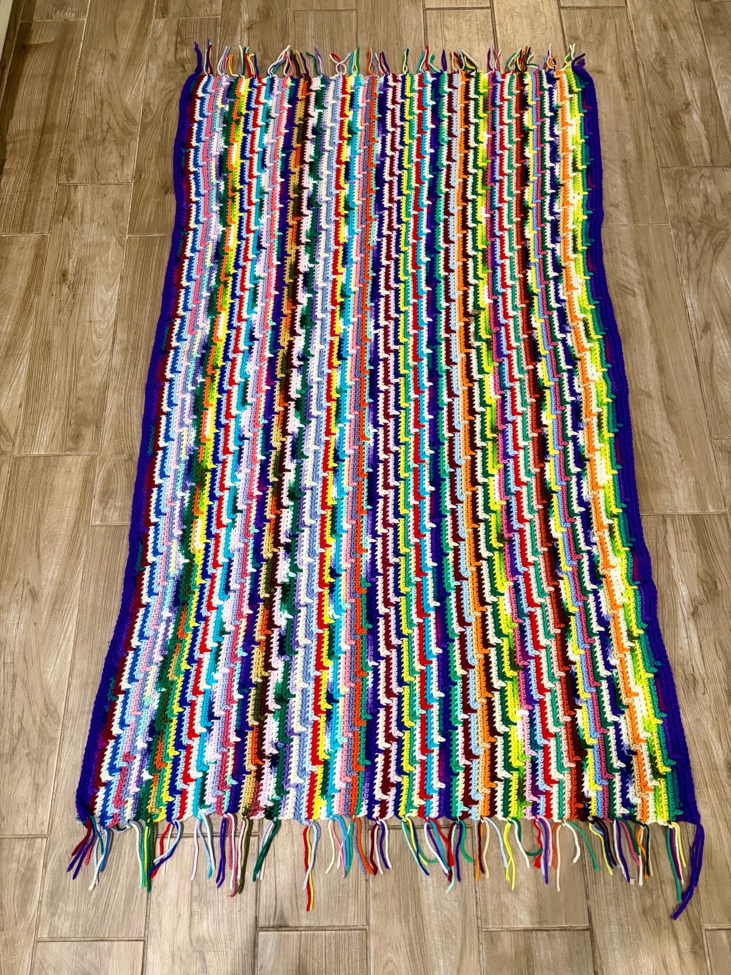Handmade Crochet Afghan Blanket Multicolor Zigzag Fringe Throw 1