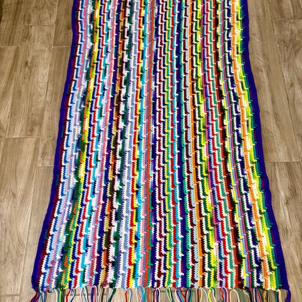 Handmade Crochet Afghan Blanket Multicolor Zigzag Fringe Throw