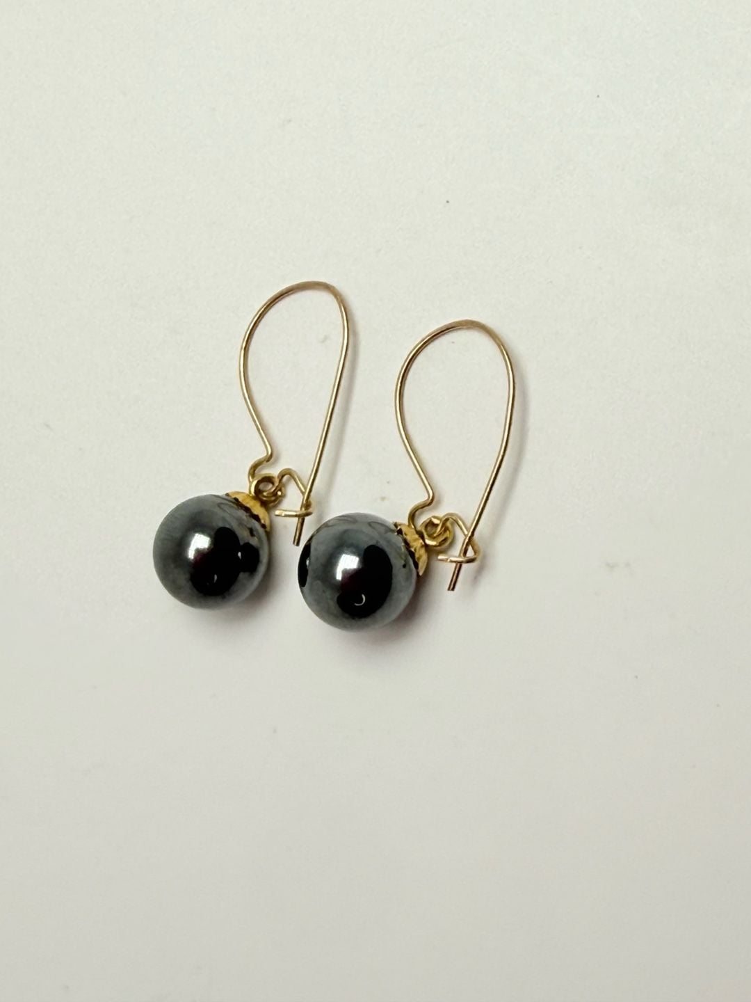 14K Gold Hematite Bead Dangle Earrings 6mm 2