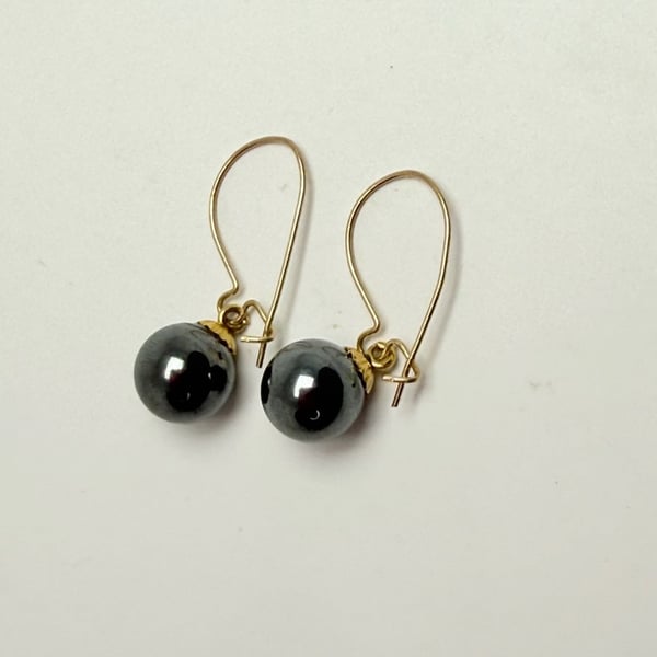 14K Gold Hematite Bead Dangle Earrings 6mm