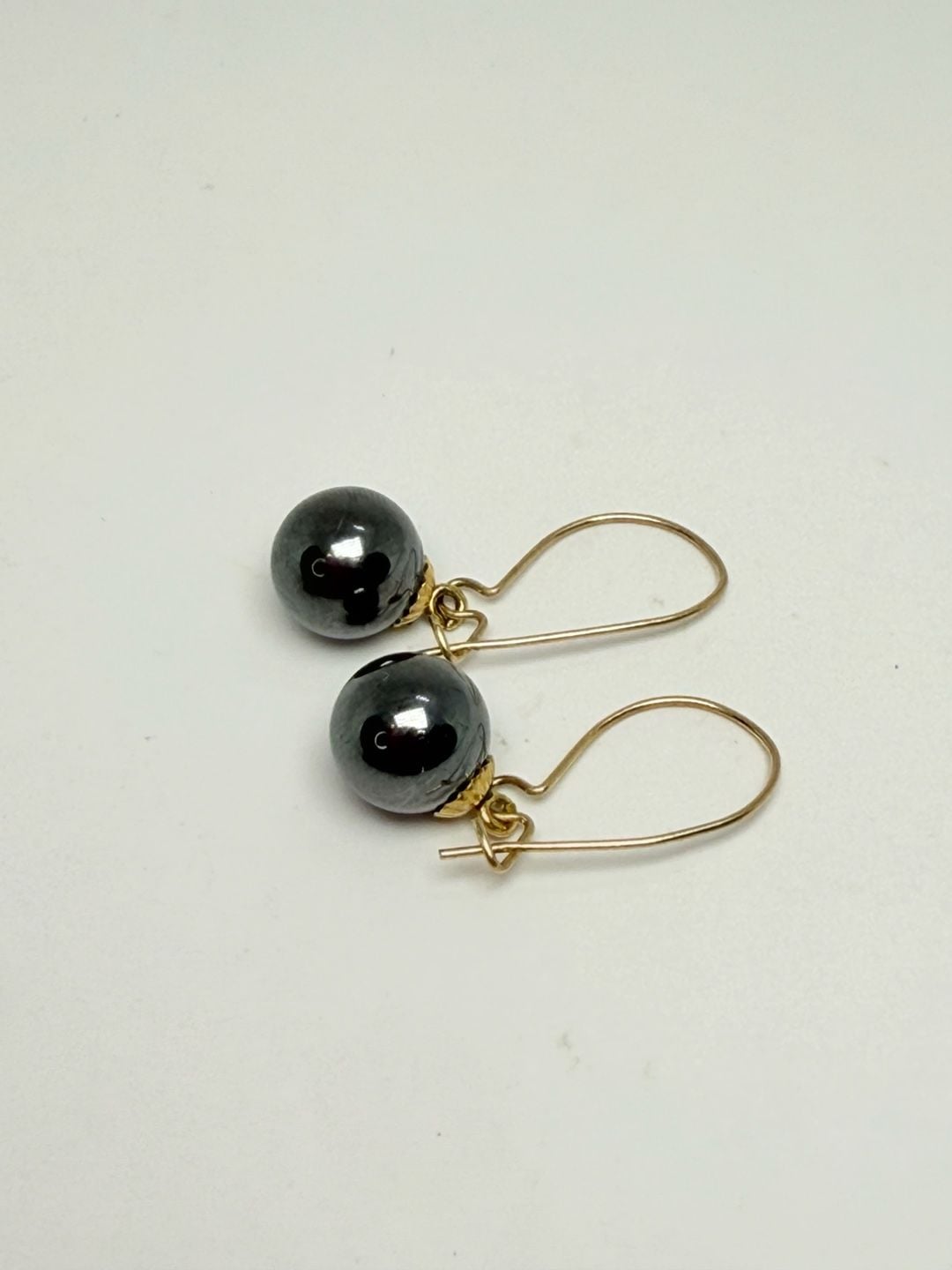 14K Gold Hematite Bead Dangle Earrings 6mm 3
