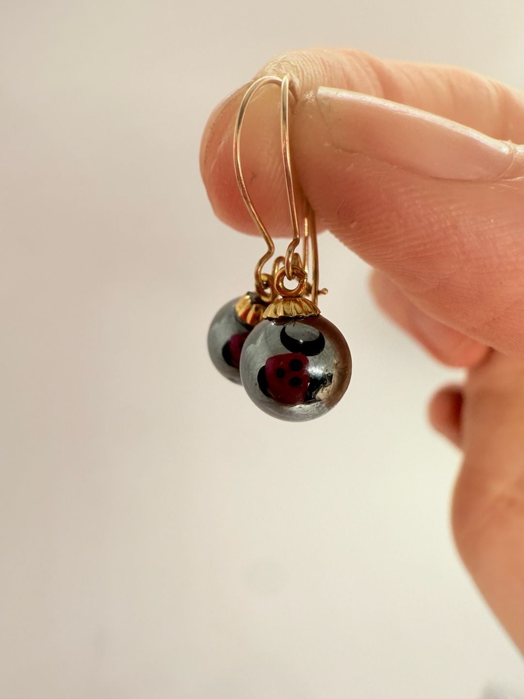 14K Gold Hematite Bead Dangle Earrings 6mm 6