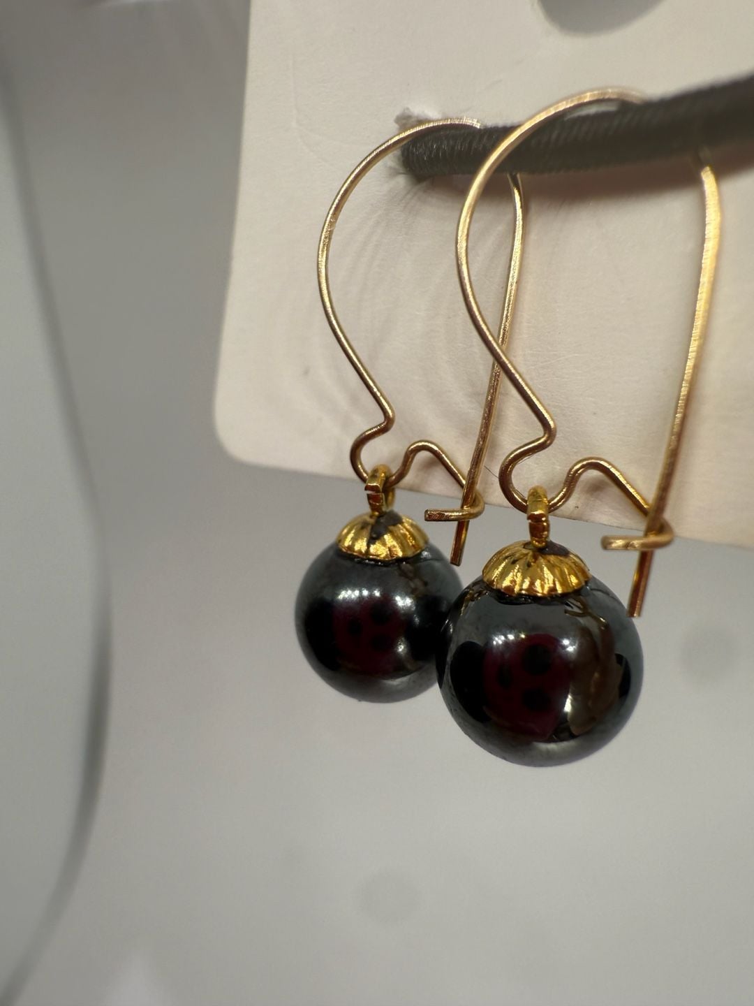 14K Gold Hematite Bead Dangle Earrings 6mm 9