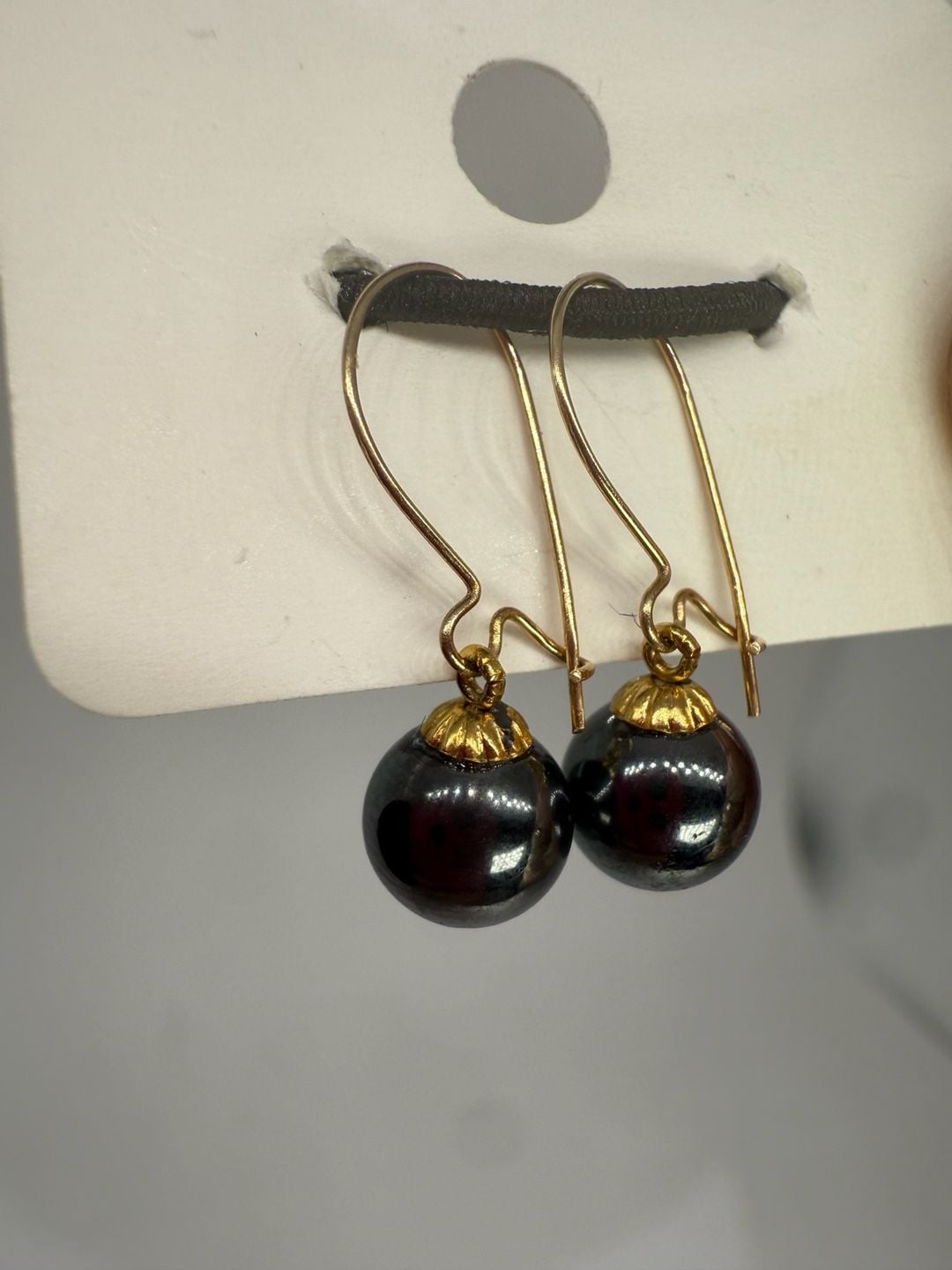 14K Gold Hematite Bead Dangle Earrings 6mm 12