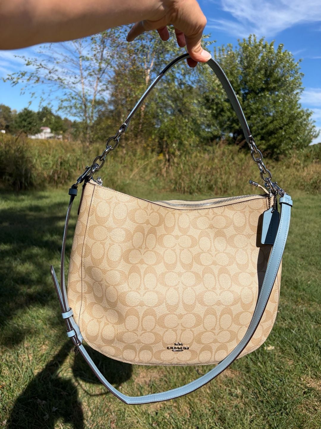 Coach Elle Hobo F39527 Signature Tan Light Blue Shoulder Bag 2