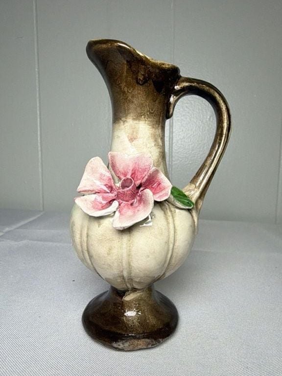 Capodimonte Ceramic Pitcher Vase Brown Beige Pink Flower 6 Inch 1