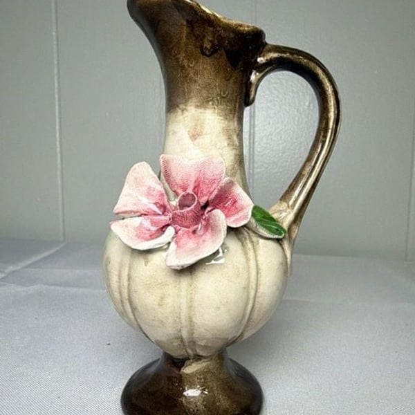 Capodimonte Ceramic Pitcher Vase Brown Beige Pink Flower 6 Inch