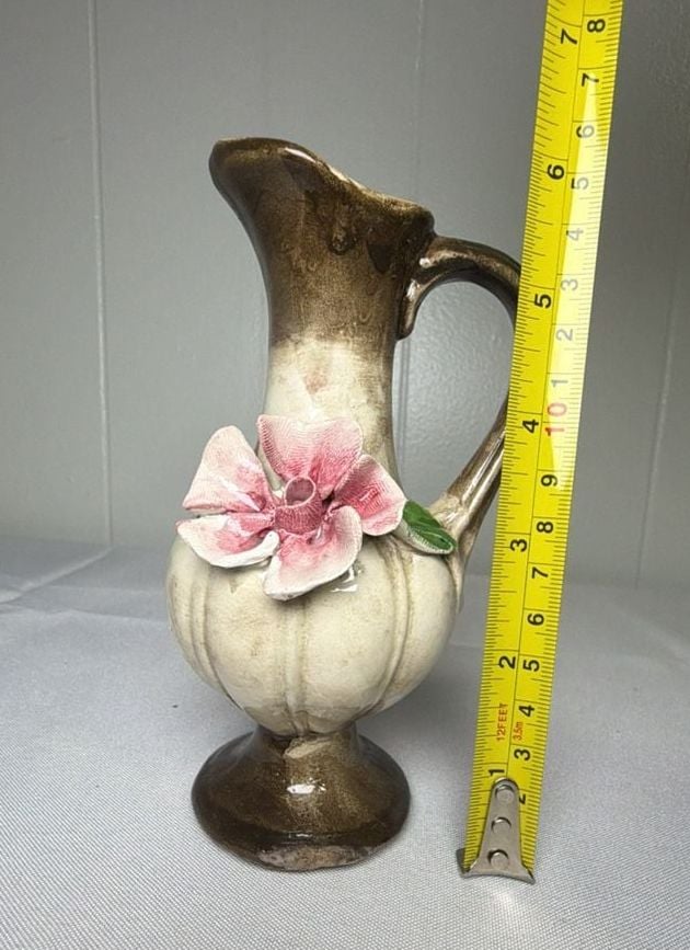 Capodimonte Ceramic Pitcher Vase Brown Beige Pink Flower 6 Inch 2