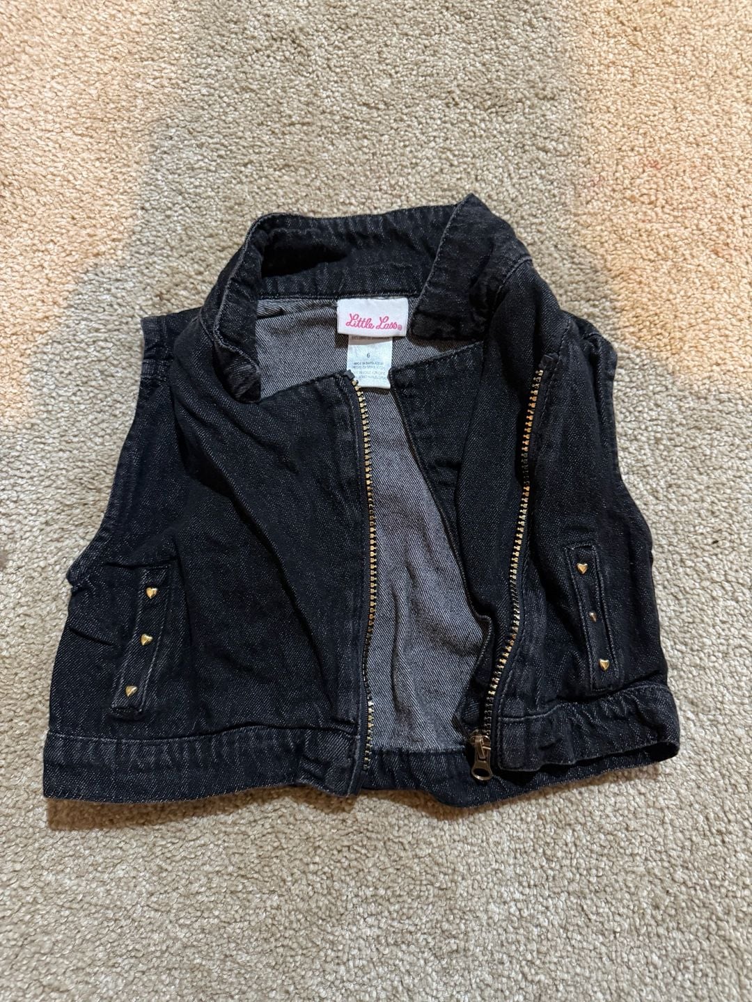 Little Lass Denim Vest Size 6 Black Zip Up Heart Studs 1