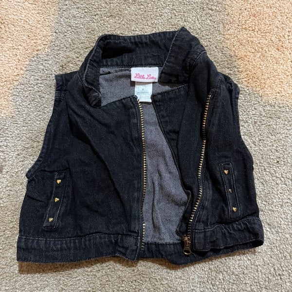 Little Lass Denim Vest Size 6 Black Zip Up Heart Studs