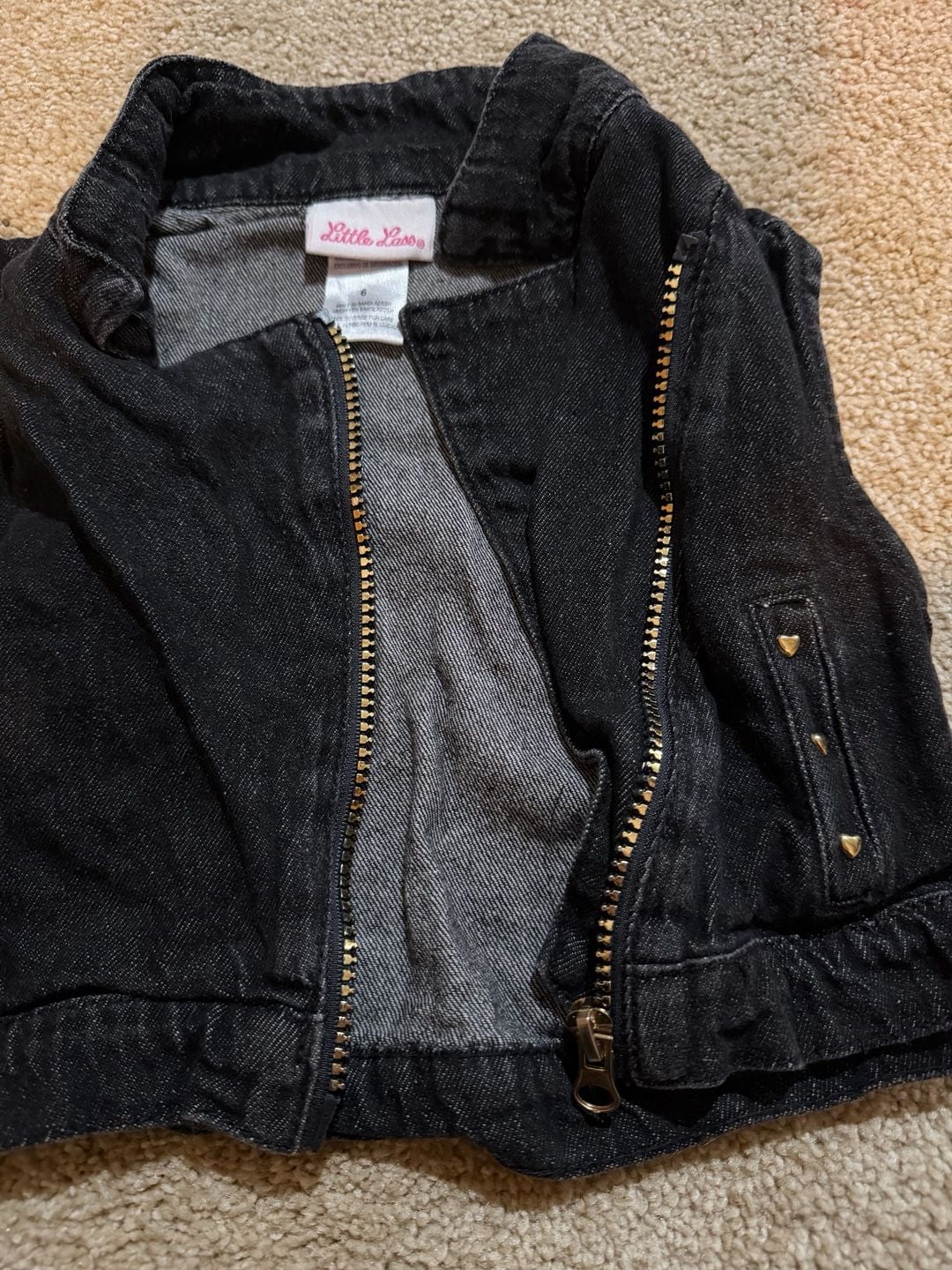 Little Lass Denim Vest Size 6 Black Zip Up Heart Studs 5