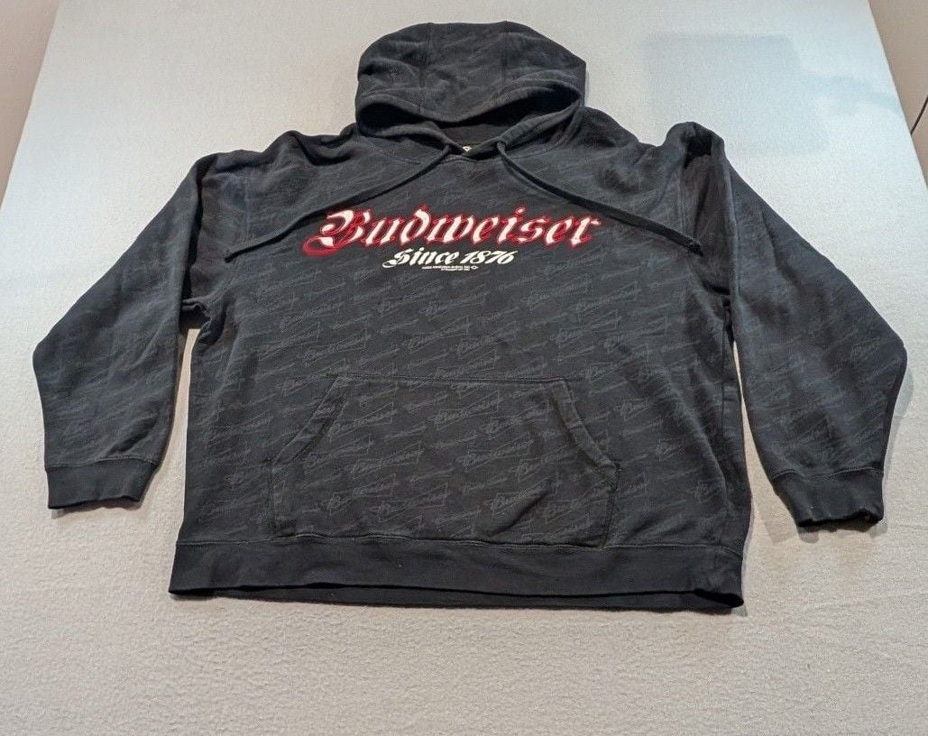 Budweiser Hoodie Size Large Black All Over Print Spellout Vintage 2008 2