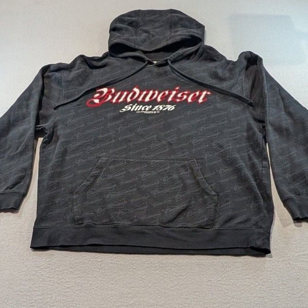 Budweiser Hoodie Size Large Black All Over Print Spellout Vintage 2008