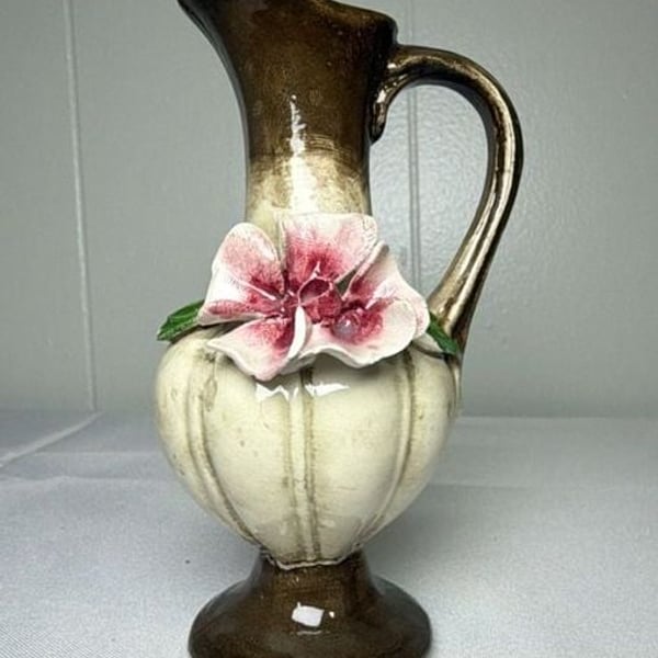 Nuova Capodimonte Miniature Pitcher Vase 6 Inch Brown Pink Rose