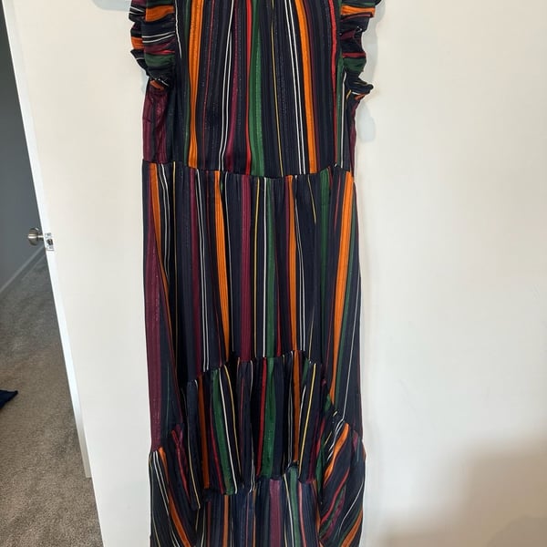 Karlie Striped Ruffle High Low Dress Size S Rainbow Metallic