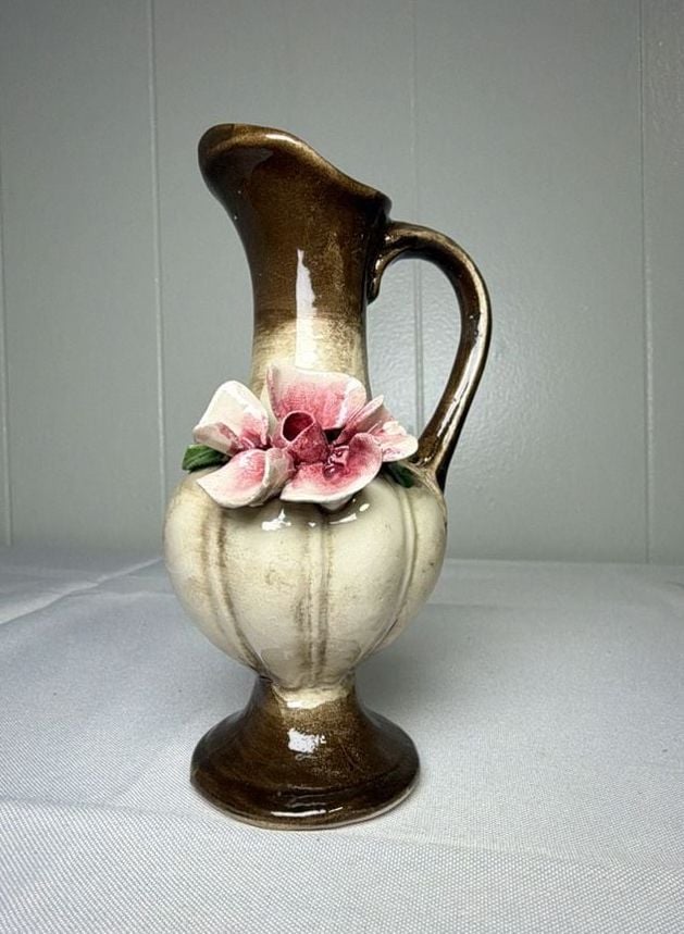Nuova Capodimonte Miniature Pitcher Vase 6 Inch Brown Pink Rose Italy 1