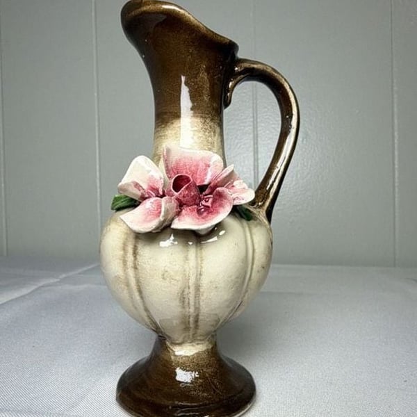 Nuova Capodimonte Miniature Pitcher Vase 6 Inch Brown Pink Rose Italy