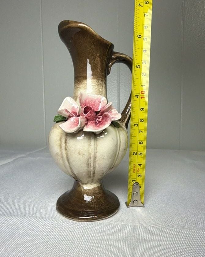 Nuova Capodimonte Miniature Pitcher Vase 6 Inch Brown Pink Rose Italy 2