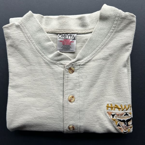 Oneita Hawaii Henley Shirt Size XL Off White Embroidered