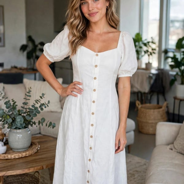 Urban Outfitters Maria Puff Sleeve Button Midi Dress Size S White