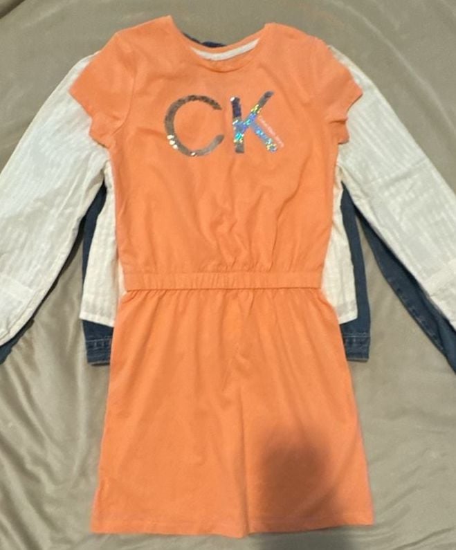 Girl size 7-10 lot of 6 items. Levi jacket, CK dress 4