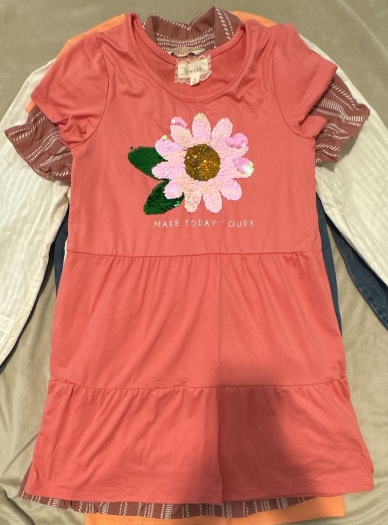 Girl size 7-10 lot of 6 items. Levi jacket, CK dress 6