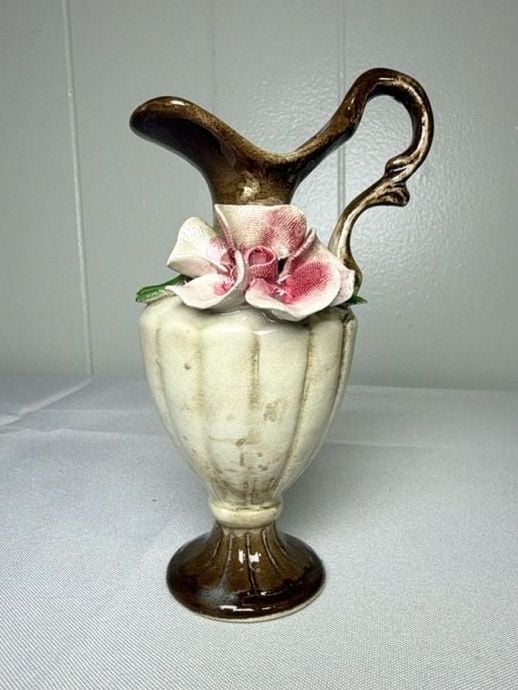 Nuova Capodimonte Small Pitcher with Pink Rose 6 Inch 1
