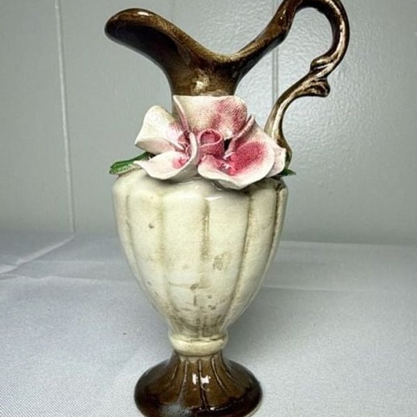 Nuova Capodimonte Small Pitcher with Pink Rose 6 Inch