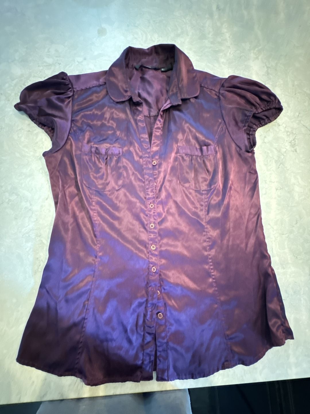Zara Basic Button Up Shirt Size Large Purple Satin Short Sleeve 2