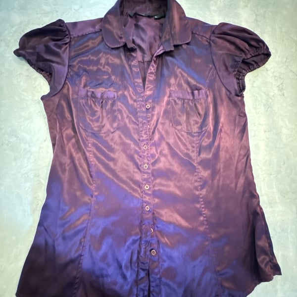 Zara Basic Button Up Shirt Size Large Purple Satin Short Sleeve