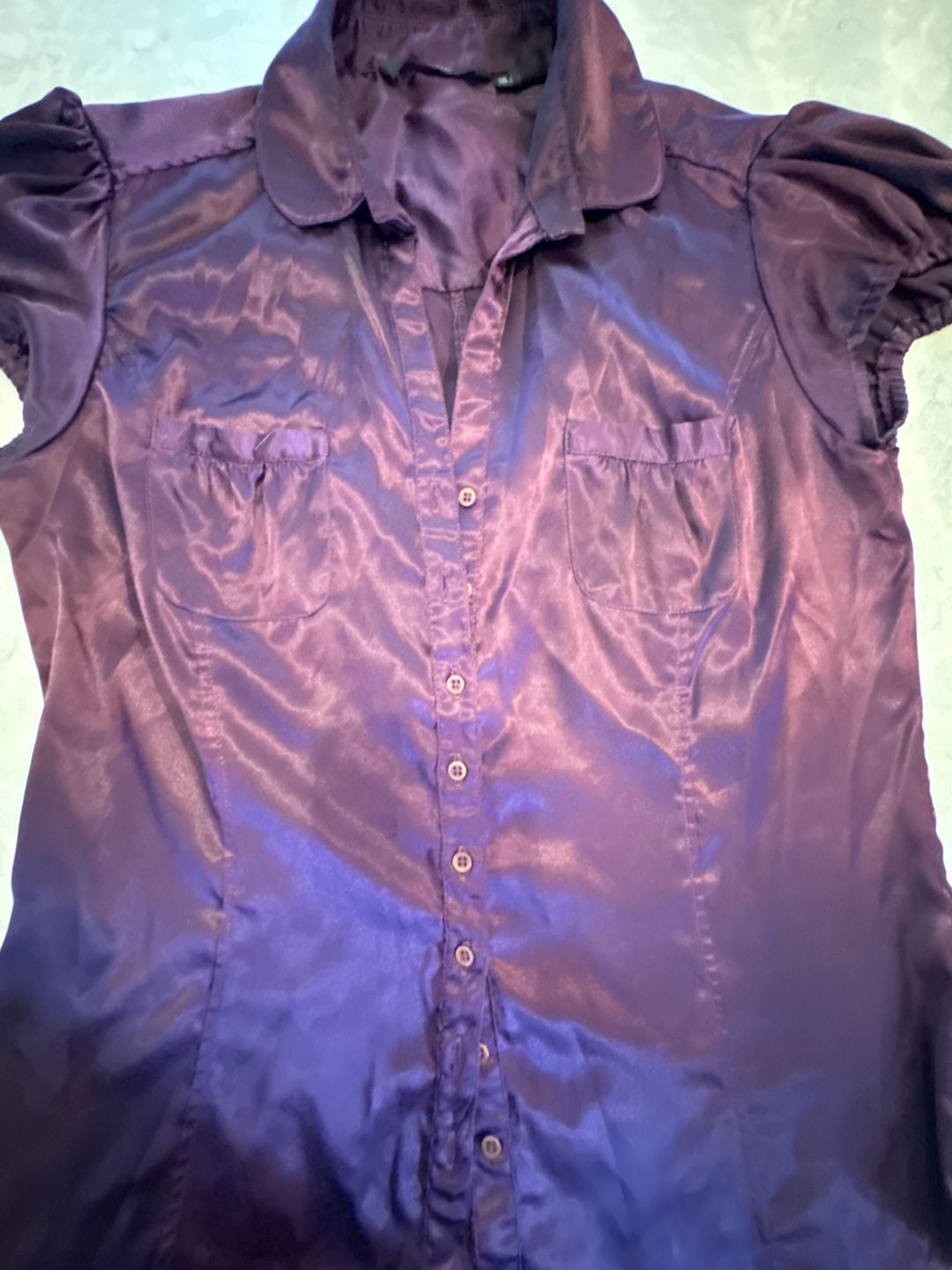 Zara Basic Button Up Shirt Size Large Purple Satin Short Sleeve 3